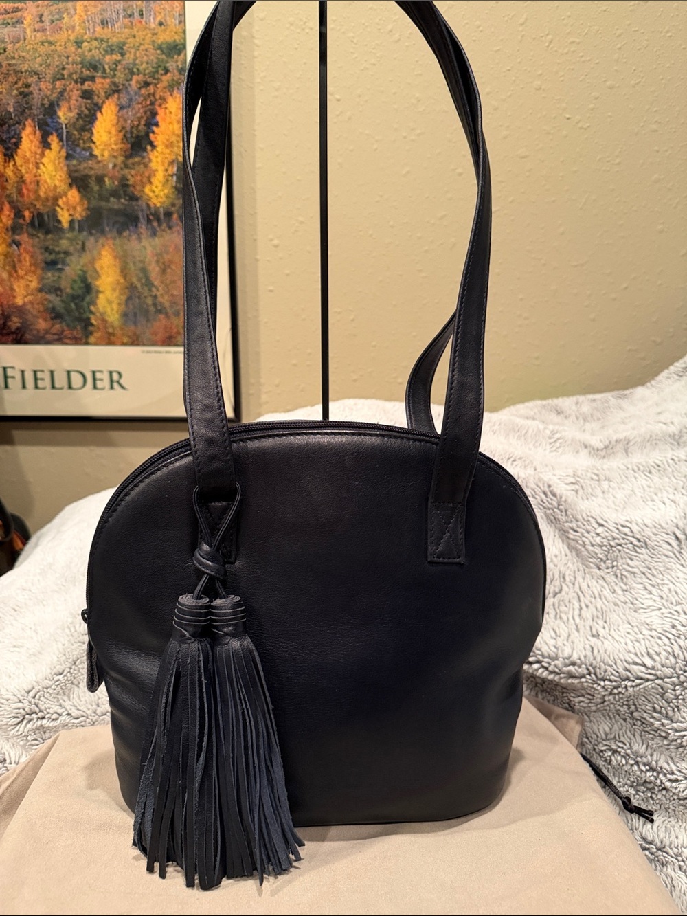 Valerie Stevens Black Leather Shoulder Bag with Tassel